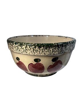 Ceramic Mixing Bowl With Apple Design Speckled Green Rim 9.5" Diameter 4.75" Tal